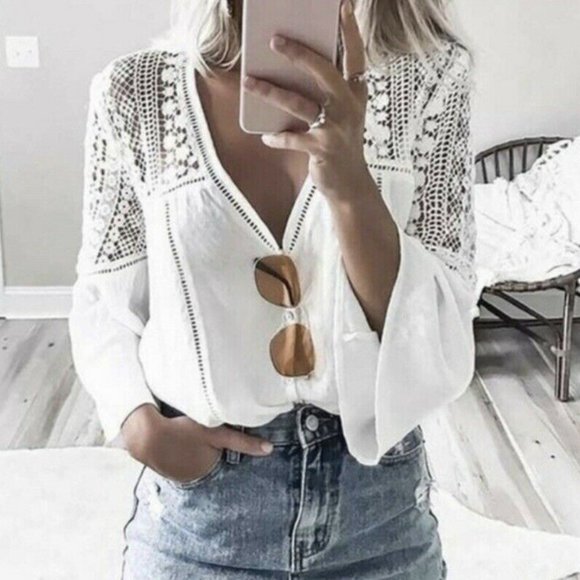 Boho White Lace Festival Button Front Blouse Top - Picture 9 of 9
